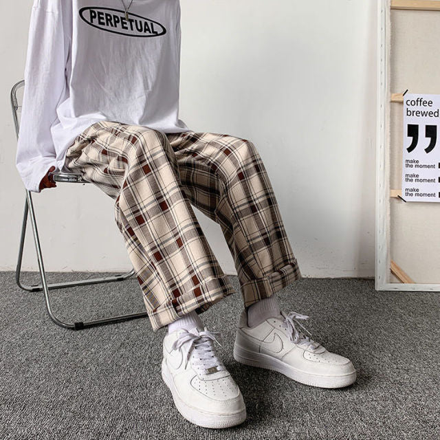 Men Pants Plaid Loose Comfortable Retro Casual All-match Elastic Waist Chic Wide Leg Trousers Fashion Streetwear Korean Style