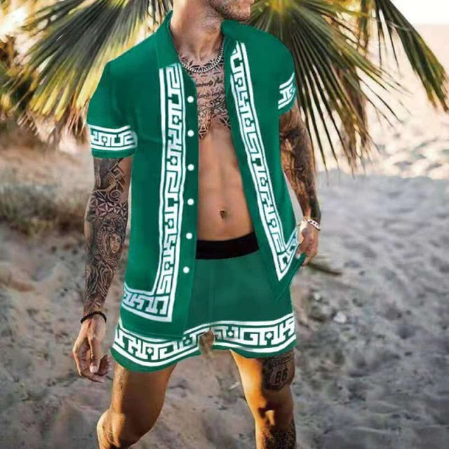 NEW Men Hawaiian Sets Printing 2021 Summer Short Sleeve Button Shirt Beach Shorts Streetwear Casual Mens Suit 2 Pieces INCERUN
