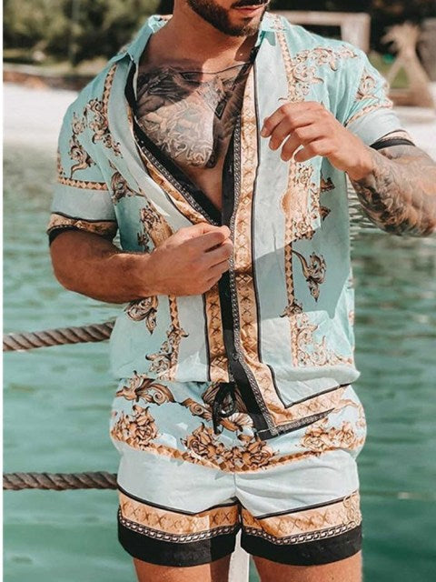 NEW Men Hawaiian Sets Printing 2021 Summer Short Sleeve Button Shirt Beach Shorts Streetwear Casual Mens Suit 2 Pieces INCERUN